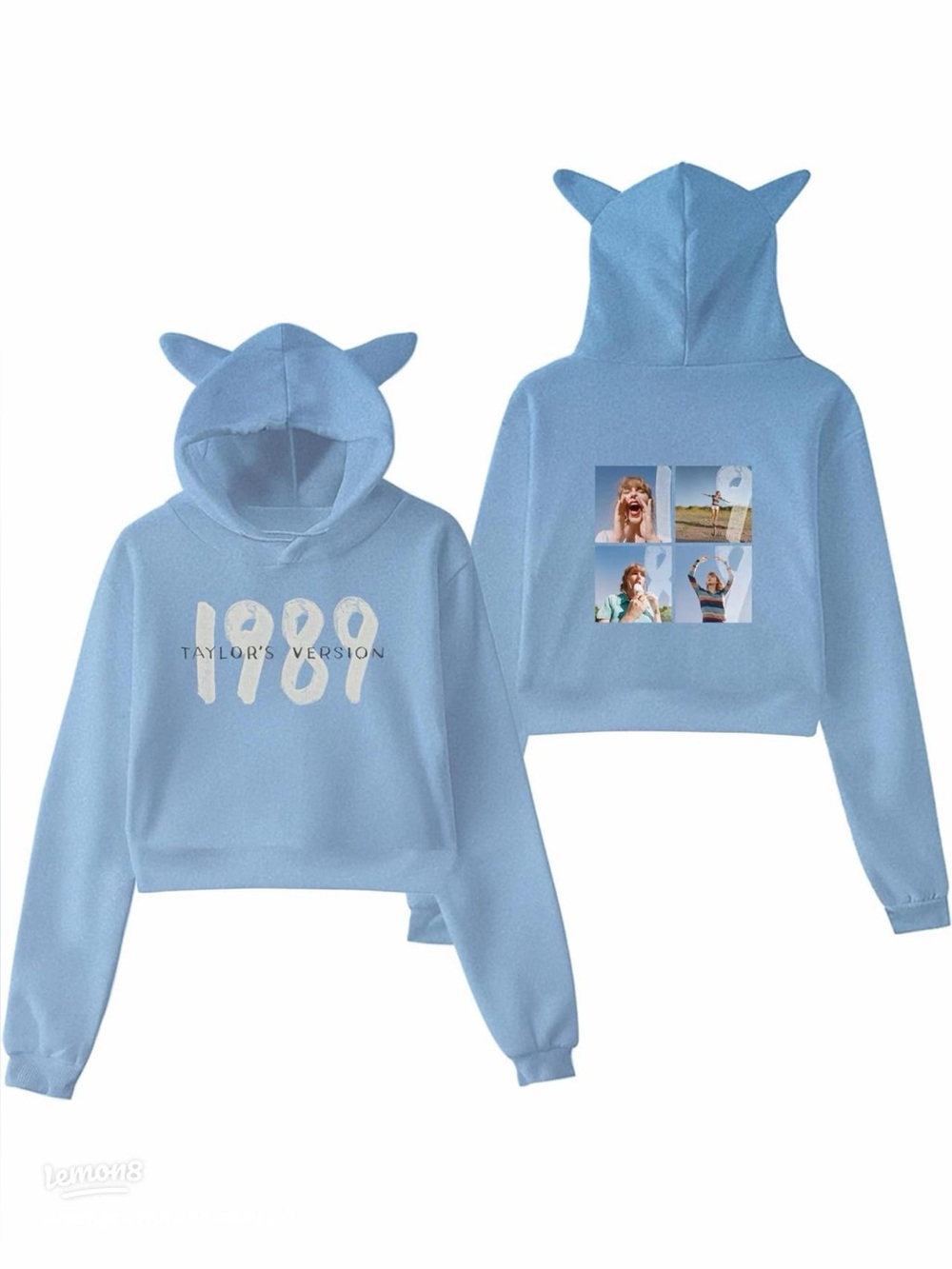 Taylor Swift 1989 Cropped Light Blue Hooded Sweater with Cat Ear Detail Size L
